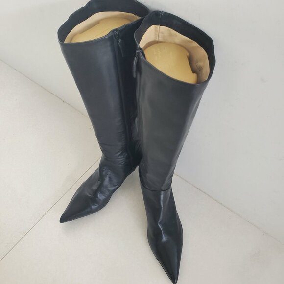 Stunning Cole Haan NikeAir Black Leather Kitten Heel Tall Boots with Flaw 9.5B - Picture 1 of 12